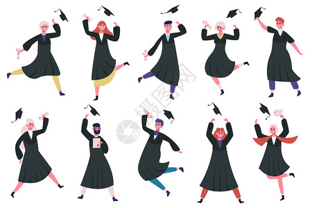 跳起来毕业生快乐的毕业学生穿着传统帽子和学术长袍图集插画
