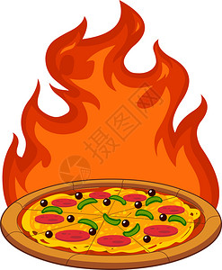 火腿香肠含有辣椒和火焰的卡通热辣椒披萨插画