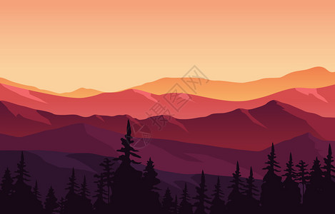 日出峰美丽的松林山全景观插画