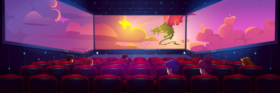 电影剧院厅观众在三面全景屏幕上观看电影图片