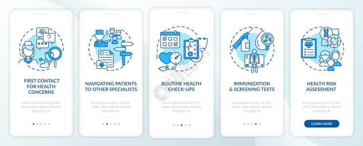 家庭医生在手机应用程序页面屏幕上执行蓝装任务并配有概念医疗保健通过5步图形说明UIUX带有线颜色插图的形用户界面矢量模板家庭医生网站高清图片素材