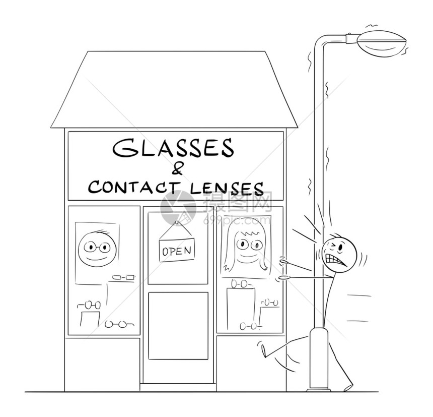 撞到眼镜店门前的柱子上的男人卡通矢量插画图片