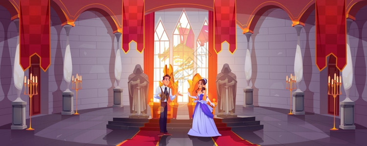 王子和公主在城堡大厅的王座在巴洛克走廊的一对王室夫妇装饰了雕像和柱子宫殿窗外的龙浪漫童话卡通矢量插图在城堡大厅的王室子和公主在城背景图片