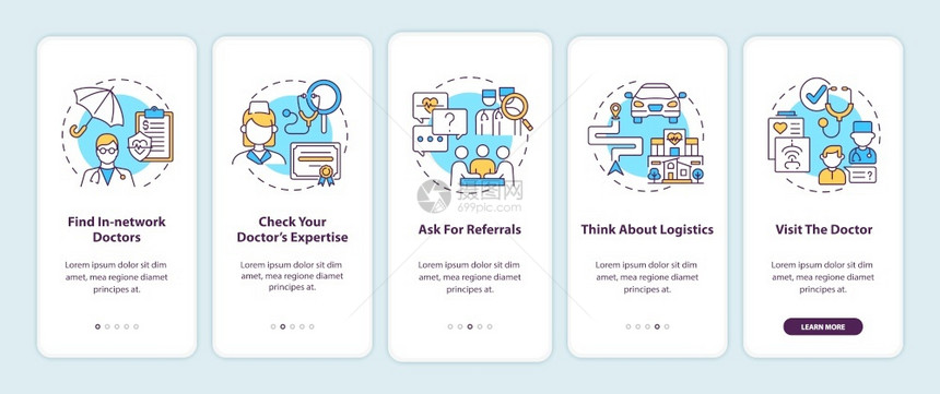 使用概念选择初级保健医生在手机应用程序页面屏幕上使用移动应程序选项提示物理医生通过5步图形指示UIUX配有线颜色图解的形用户界面图片