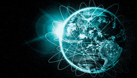 5G无线数字连接概念和在互联网上事物的未来3D插图全球网络连接以创新概念的线路覆盖地球背景图片