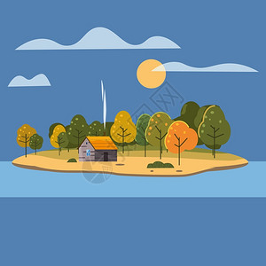 秋天美丽的岛屿风景矢量插画背景图片