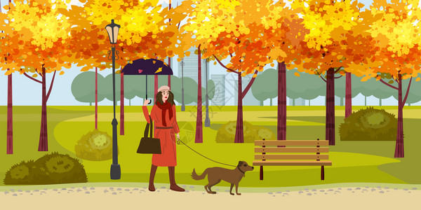 秋季公园遛狗的女孩图片