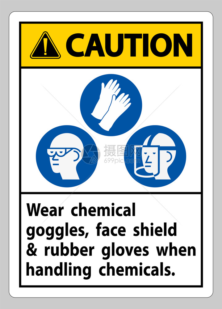 使用化学品时佩戴护目镜面盾和橡胶手套图片