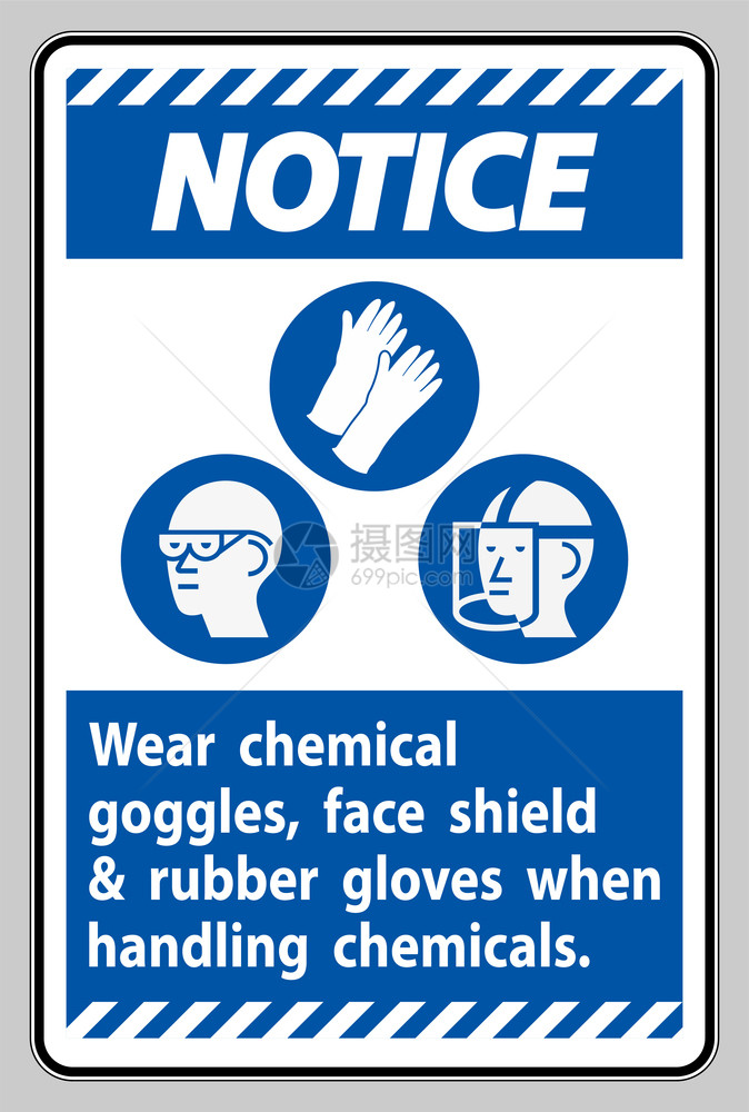 使用化学品时佩戴护目镜面盾和橡胶手套图片