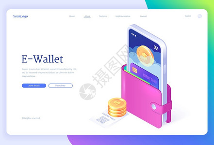 ewallet等离子键着陆页智能手机和带硬币Qr码账单的钱包信用卡无现金支付应用程序安全货币在线交易nfc技术3d矢量网络横幅E背景图片
