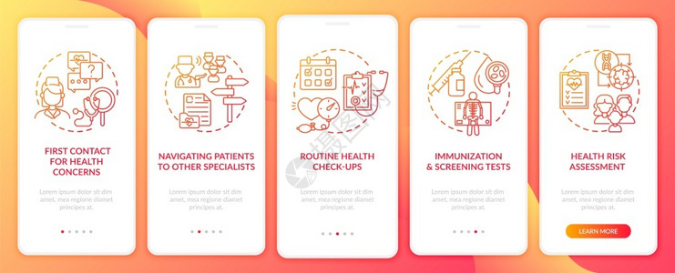 家庭医生在手机应用程序页面屏幕上执行红色任务并配有概念医疗保健通过五步图形说明UIUX带有线颜色插图的形用户界面矢量模板家庭医生线性的高清图片素材