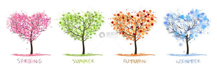 代表不同季节的四棵树春天夏秋冬矢量