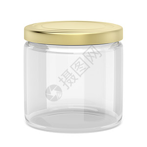 空玻璃罐在白色背景上隔开金盖高清图片