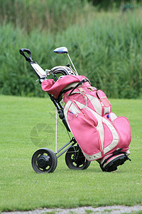 粉红色高尔夫球袋带俱乐部左在绿色图片