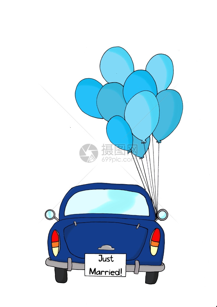 蓝色的车有气球和的蓝色和刚结婚的标志图片