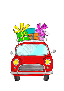 红色汽车和礼品手画幻想汽车数码彩色背景图片