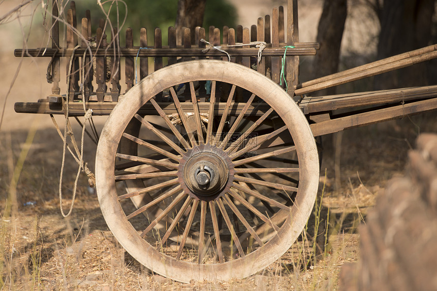 一名农民的木电车轮停在缅甸东南部Bagan的田地上图片