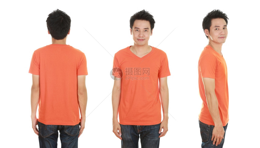 男子用白色背景孤立的空白橙色T恤衫图片