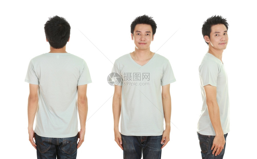 男子用白色背景孤立的空白T恤衫图片
