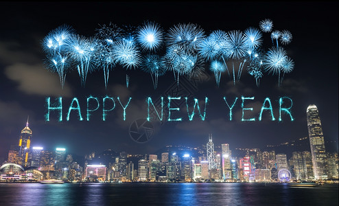 新年快乐烟花在香港市庆祝港口高清图片素材