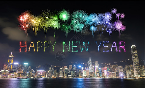 新年快乐烟花在香港市庆祝海高清图片素材