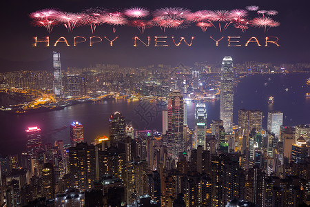 新年快乐的烟花在香港市夜间欢庆红色高清图片素材