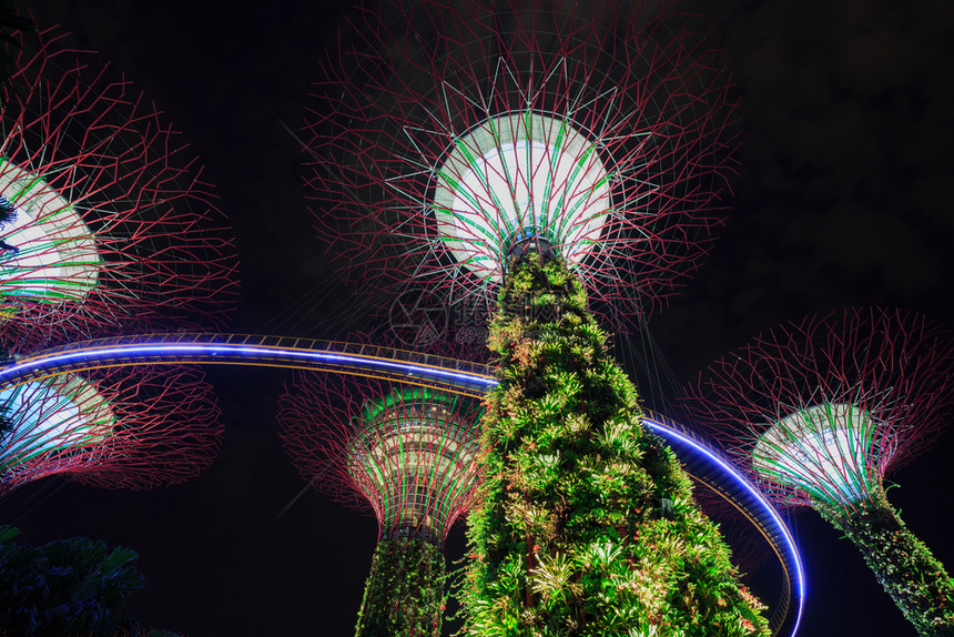 新加坡晚上在海湾旁的花园灯光照亮的夜晚图片