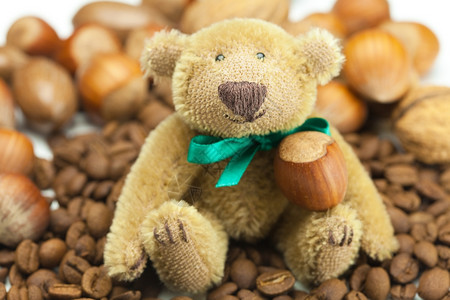 带弓咖啡豆和坚果的泰迪熊图片