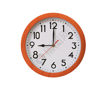九点钟方向的棕色木头时钟与白面包上隔绝九点钟方向的棕色木头时钟与白色背景隔绝背景