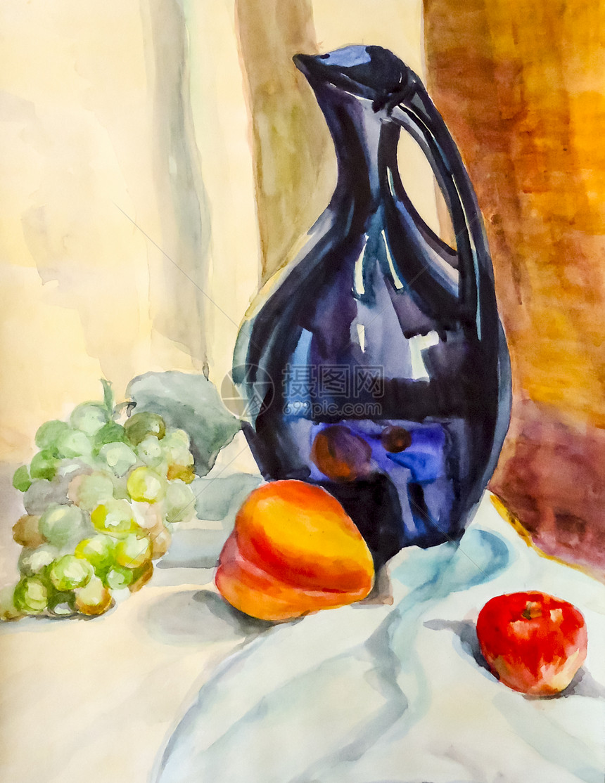 静态生命描绘的画花瓶盘子束和水果图片