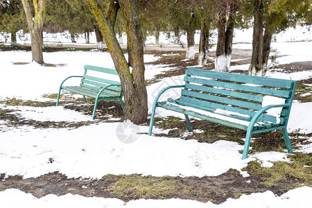 冬季公园的绿色长凳冬季公园的雪图片
