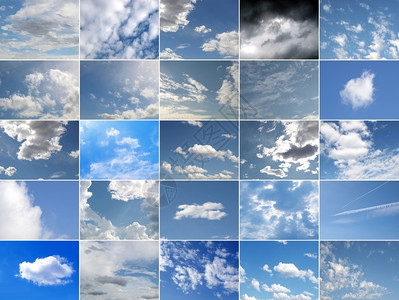 蓝色天空拼贴图许多不同的蓝色天空与白云相拼凑背景图片