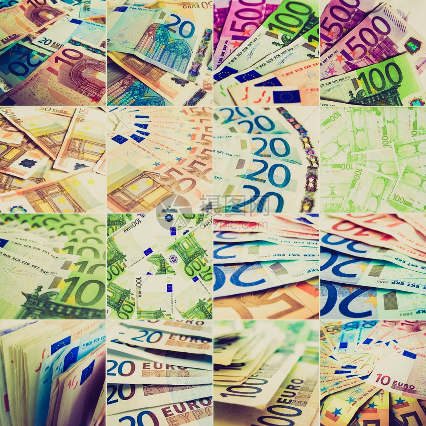 复古造型金钱拼贴复古风格的欧洲货币拼贴画与许多银行票据图片