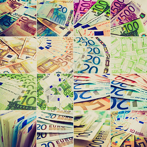 欧元票据复古造型金钱拼贴复古风格的欧洲货币拼贴画与许多银行票据背景