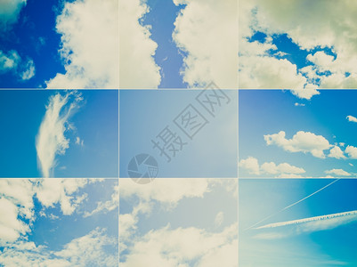 复古外观蓝天拼贴复古风格拼贴九种不同的蓝天白云图片