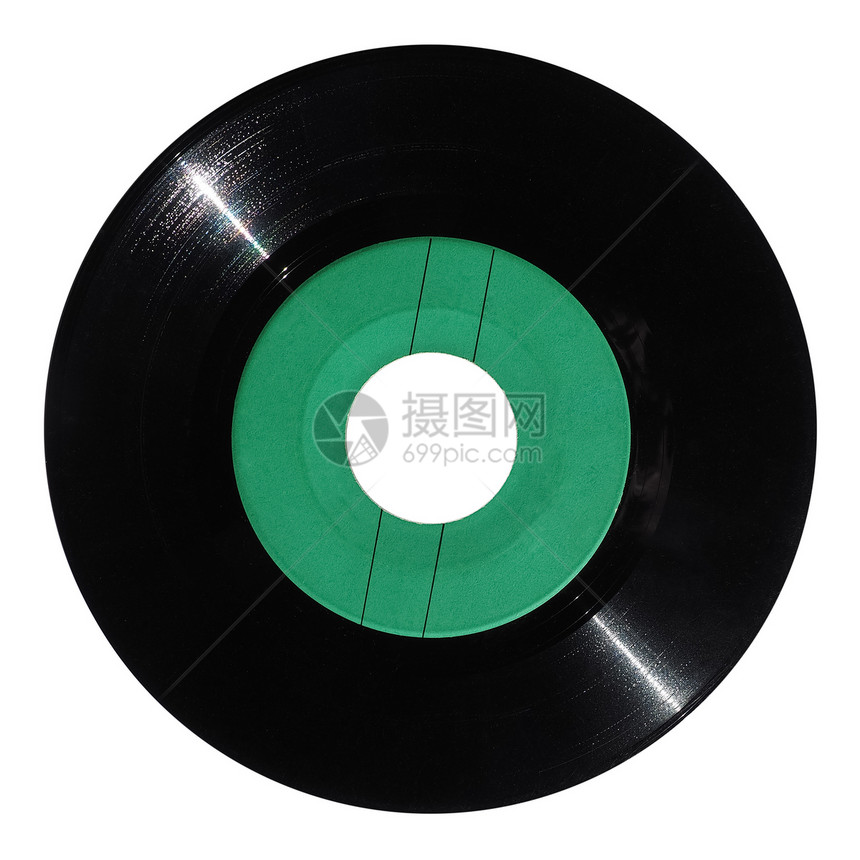 乙烯唱片古老的模拟音乐录制介质在白色上隔绝绿标签图片