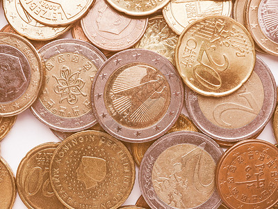 欧洲联盟旧币种的欧元硬货背景