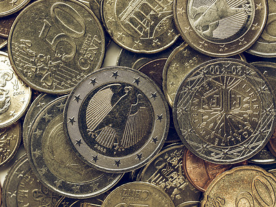 老式欧元硬币欧洲货币欧洲货币的复古背景图片
