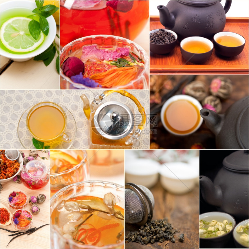 收集不同的草药茶混合粉白框图片