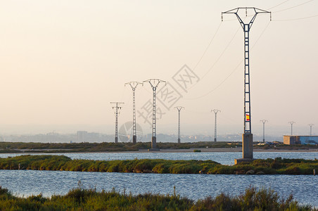 沼泽地区上空的电塔背景图片
