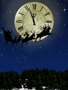 圣诞老人与鹿在斯莱奇一起箭钟对着月亮与箭钟对着明亮的月图片
