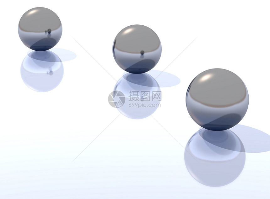 三个金属球表面有阴影彼此反射图片