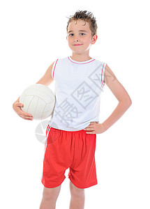 打排球的孩子一个年轻足球运动员的肖像白种背景的孤立背景