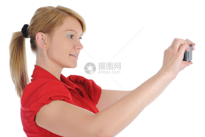 女人在你的手机上照了张相孤立在白色背景上图片