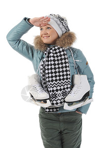 白色溜冰鞋带着溜冰鞋的冬季微笑妇女白种背景孤立无援背景