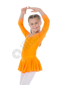 美丽的小芭蕾舞穿着橙色裙子孤立于白色背景图片