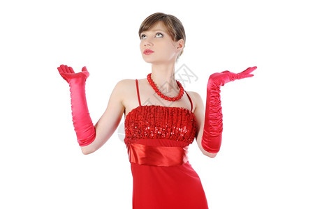 穿着红手套的漂亮女孩举起手来图片