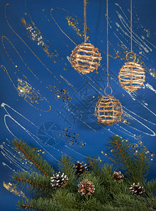 圣诞节日背景圣诞树枝松和柳节日球背景图片