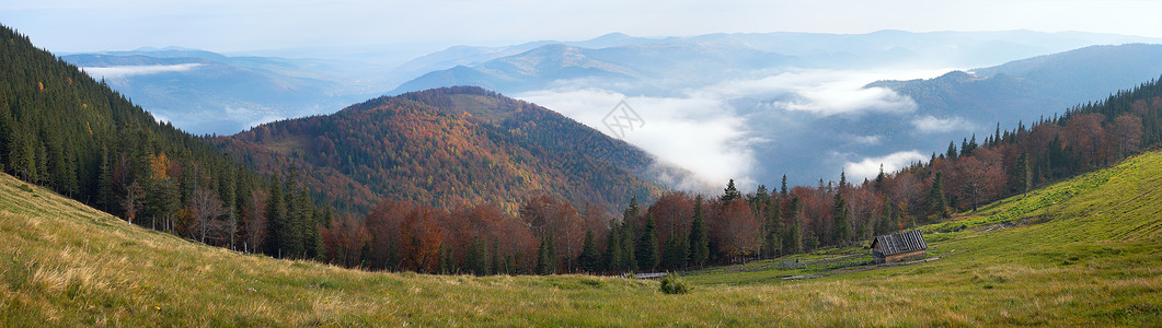 早上秋天山地高原全景和集水棚八张照片综合图乌克兰伊万诺弗基夫斯克地区JaremcheTown郊区IvanoFrankivsk地区背景图片