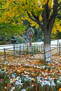 宗教基督秋天多彩的树叶下第一个冬季雪喀尔巴阡山乌克兰黄色的高清图片素材